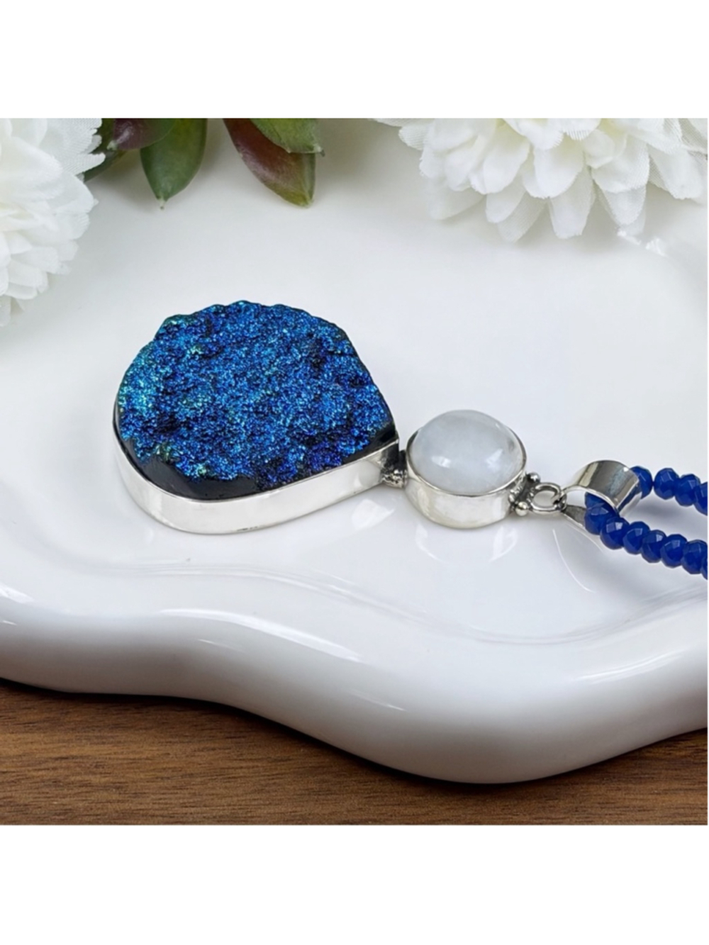 Genuine Titanium Druzy Quartz Moonstone Pendant Necklace Jewelry Set Lot 925 - Picture 8 of 11